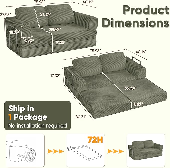 Homall 4-in-1 Convertible Sofa Bed Oversized Boneless Couch with 4 Frame Kits and Removable Armrests Corduroy Sleeper Sofa with 2 Pillows for Small Space No Assembly Required (Green)