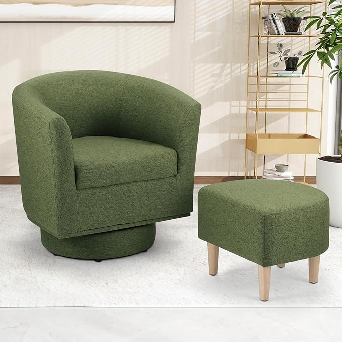 DAZONE Accent Chairs Set of 2 Green Barrel Chair with Ottoman Comfy Armchair for Small Spaces 360° Modern Fabric Lounge Chair for Living Room Bedroom Reading Nook Home Office