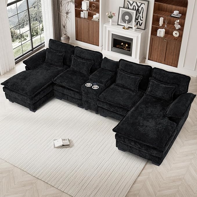 133 Oversized U Shaped Cloud Couch Modular Sectional Couches for Living Room Comfy Chenille Deep Seat Sofa Set with Double Chaise Lounge Storage Central Console Cup Holders USB Port Dark Black