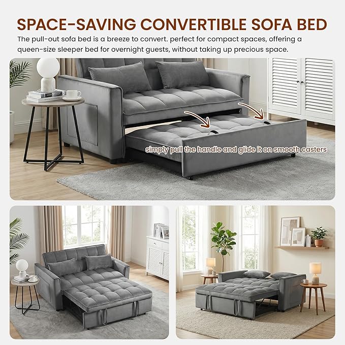 Convertible Sofa Bed 3 in 1 Pull Out Loveseat Sleeper Couch with Adjustable Backrest Side Pocket Two Pillows for Apartment Dorm Room Bedroom and Small Space | Velvet Fabric