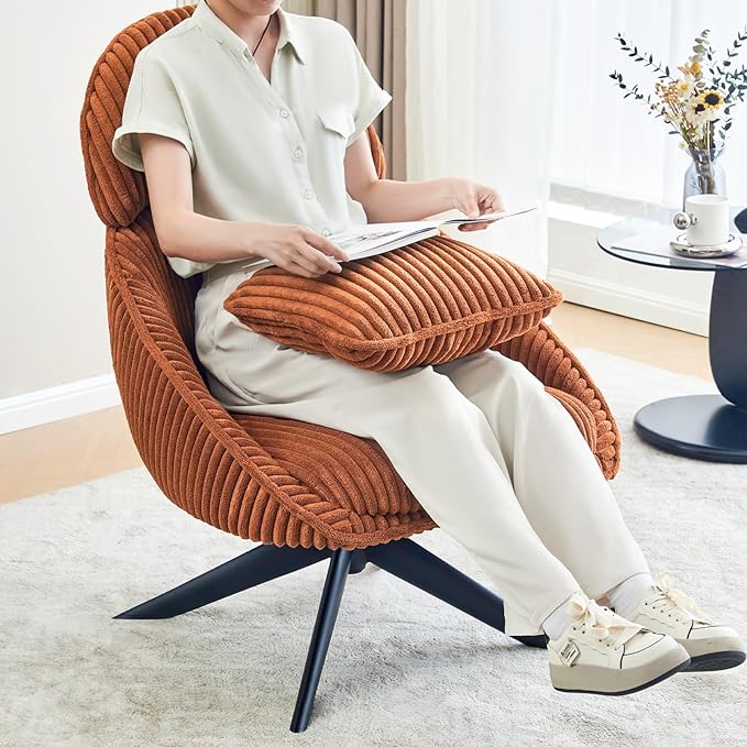 Furniliving Large Swivel Accent Chair Modern Arm Chair Sofa Chair with Pillow Living Room Chair Bedroom Chair with Headrest Comfy Desk Chair Upholstered Chairs for Rest Room Corduroy Orange