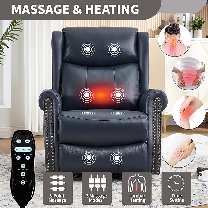 360° Swivel Glider Chair for Nursery Wingback Genuine Leather Rocking Recliner with Lumbar Heat &amp Massage 8-Point Vibration Massage for Living Room Bedroom
