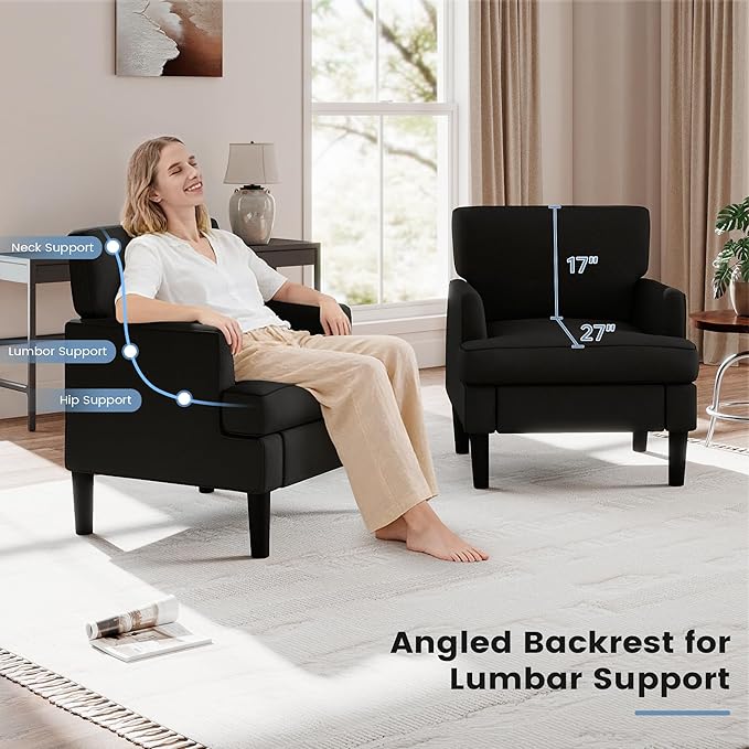 Kromax Accent Chair for Living Room Set of 2 No Screws Assembly Required Mid-Century Reading Chair for Bedroom Comfy Upholstered Armchair with Sturdy Legs Single Sofa Chair for Apartment Black