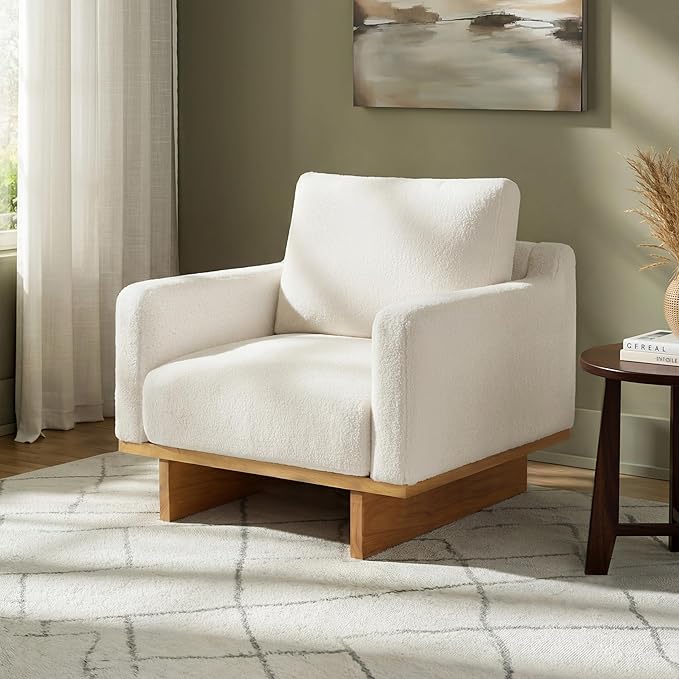 Modern Accent Chair with Solid Wood Frame and Base Upholstered Single Sofa with Soft Seat Cushion and Back Pillow Spacious Design Perfect for Living Room Bedroom and Study (White/40)