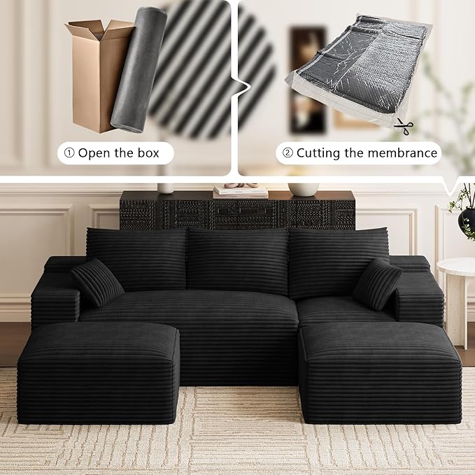 Modular Sectional Sofa Cloud Couch 108'' Comfy U Shaped Sectional Couches for Living Room Deep Seat Cozy Fluffy Corduroy Boneless Couch Sectionals Sofa with Movable Ottomanm Black
