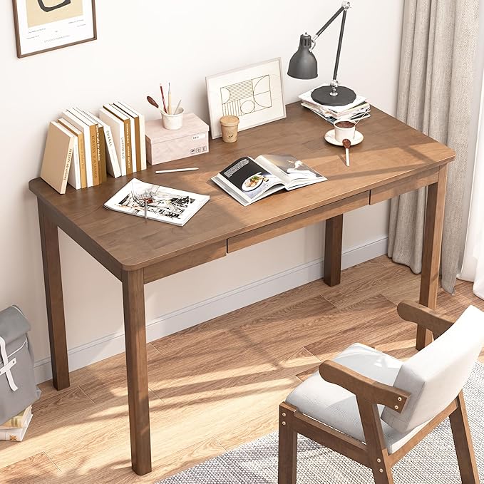 100% Solid Wood Desk with Keyboard Tray - 48 x 24 Inch Computer Desk with Keyboard Tray Mid Century Modern Writing Desks Simple Study Table Home Office Desks for Small Spaces|Bedroom-Walnut