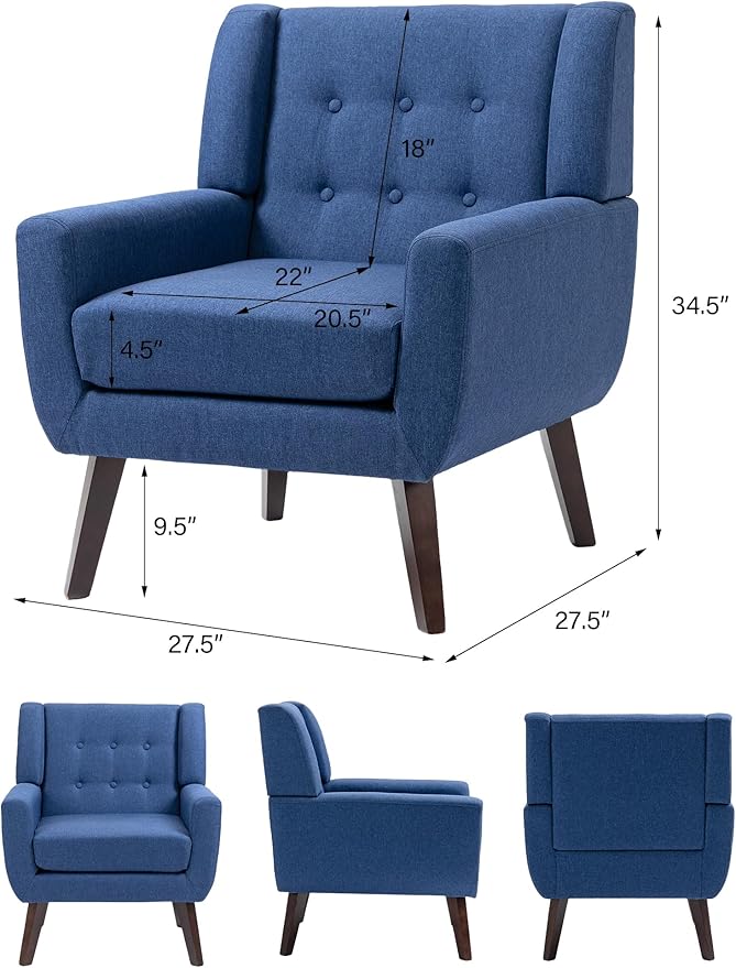 Accent Chair Mid-Century Modern Fabric Chairs with Arms for Living Room Comfy Upholstered Club Single Sofa Armchair for Bedroom Waiting Room with Solid Wood Frame (Fabric Navy Blue Set of 1)