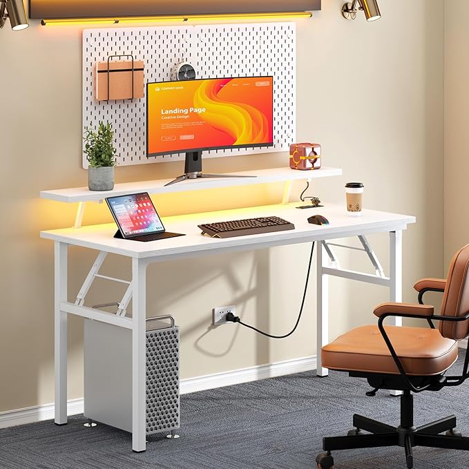 Need 47.2 inch Computer Desk with LED Lights &amp Power Outlets Folding Desk with Monitor Shelf Wide Folding Table Writing Desk Foldable Home Office Desk White