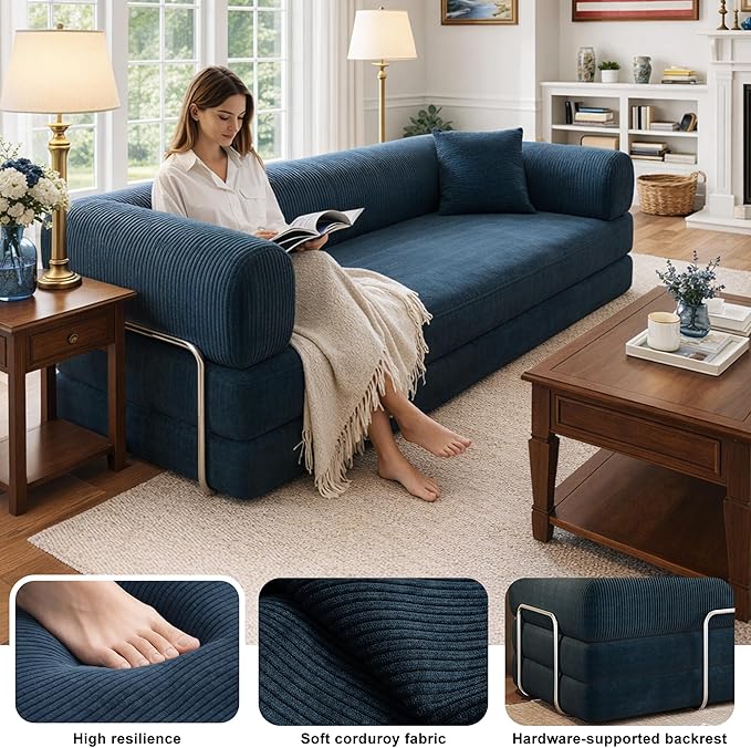 4‑in‑1 Futon Sleeper Bed Queen 78Inch Convertible Floor Sofa Couch with L‑Shaped Armrests Space-Saving Sofa Bed Foldable Mattress Lounge for Living Room Bedroom