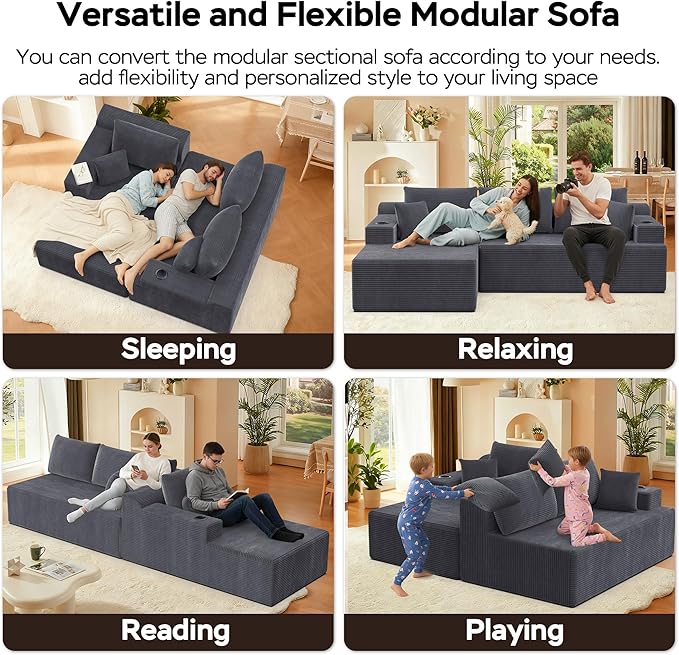 105 Modular Sectional Couch L-Shaped Sofa with Plush Corduroy Fabric Boneless Couches for Living Room Cloud Sofa Deep Seat Corner Couch with 3 Back Pillows &amp 2 Accent Pillows Grey