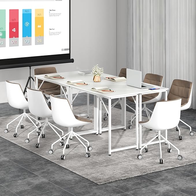Tangkula Computer Laptop Desk Heavy Duty Metal Frame Writing Desk Home PC Office Desk with Adjustable Foot Pads Conference Tables for Combined Use Compact Task Desk for Bedroom Study (White)