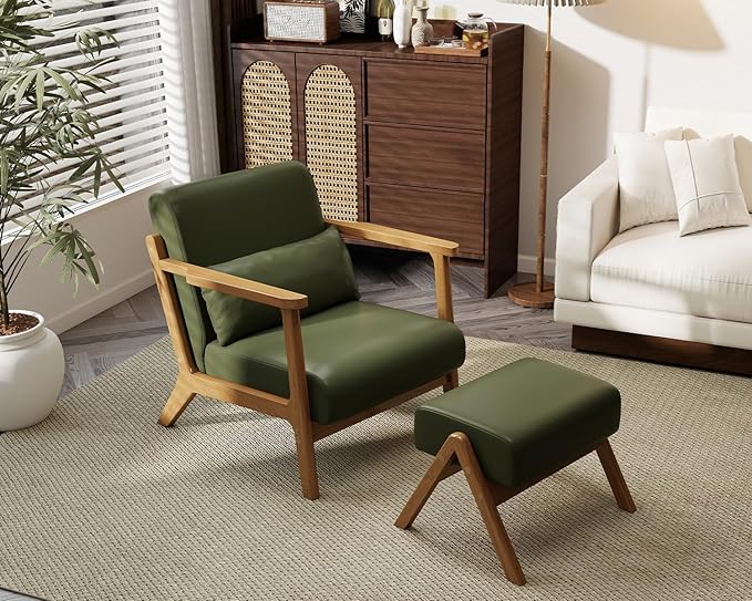 Accent Chair and Ottoman Set Mid-Century Modern Faux Leather Upholstered Lounge Armchair with Pillow Solid Wood Frame &amp Comfortable Cushion for Living Room Bedroom Balcony Green