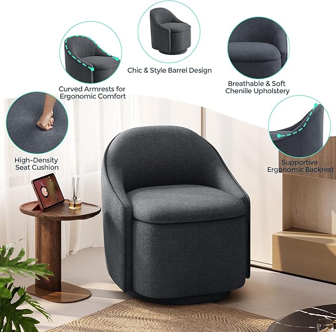 LINSY Swivel Accent Chair with Storage Comfy Chenille Barrel Chairs Small 360 Swivel Modern Armchair for Living Room Bedroom Boucle Reading Chair for Study Room (Grey)