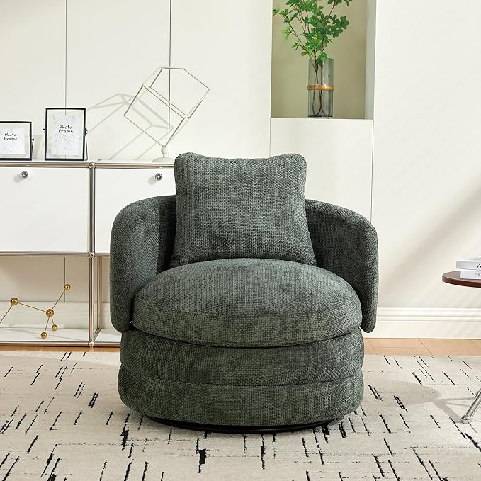 Swivel Accent Chair 360 Degree Round Single Sofa Armchair with Pillow Upholstered Comfy Swivel Barrel Chair for Living Room Bedroom Reading Room (Green)