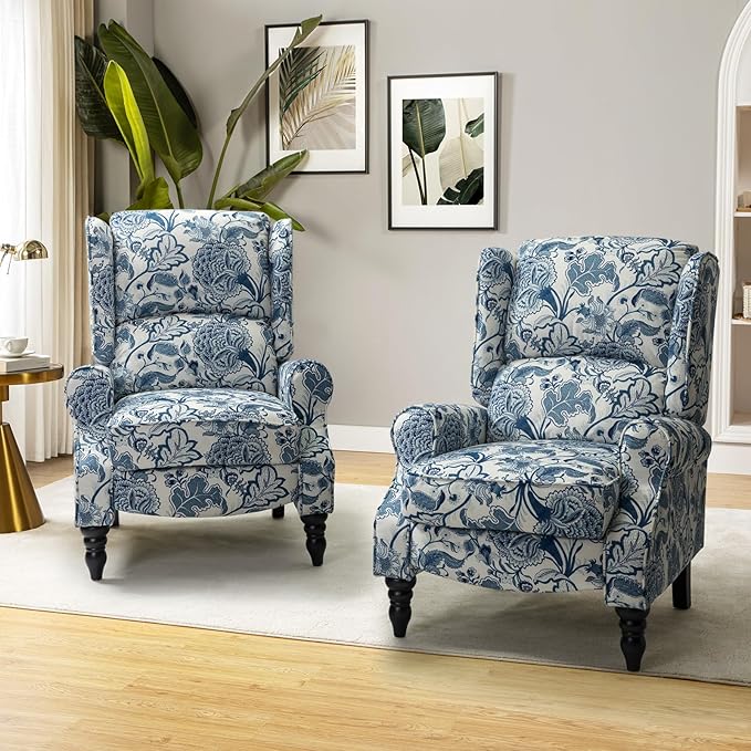 HULALA HOME Upholstered Wingback Recliner Chair Set of 2 Small Adjustable Footrest Push Back Single Reclining Sofa Mid Century Modern Lounge Armchair for Living Room Bedroom Reading/Jacobean