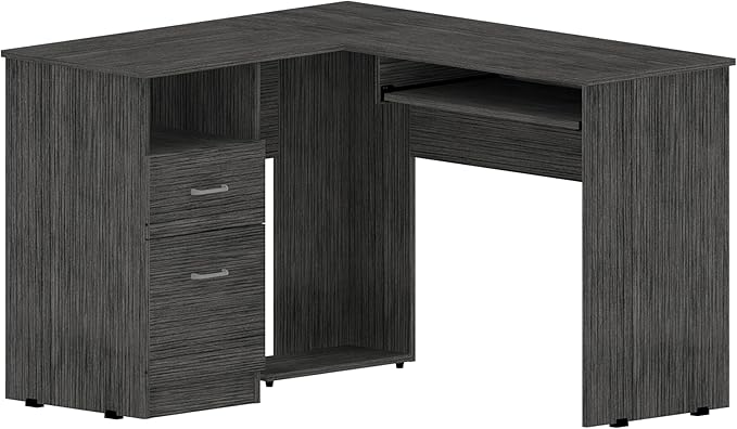 Smokey Oak L-Shaped Desk with Keyboard Tray &amp 2 Drawers - Home Office Workstation
