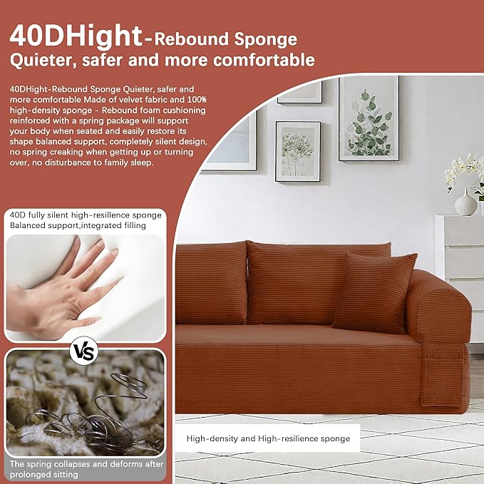 83 Modern Sofa in a Box No Assembly Oversized 3 Seater 28 Deep Seat Cloud Sofa Bed Couch with 4 Furry Pillows &amp Corduroy Fabric Boneless Couch with Side Storage Pockets for Living Room Orange