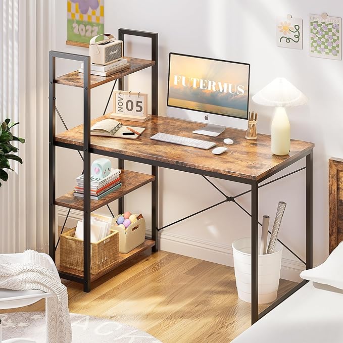 Rustic Brown Computer Desk with LED LightsOffice Desk Gaming Desk with Reversible Storage Shelves Study Table Sturdy Steel Frame for Small Space