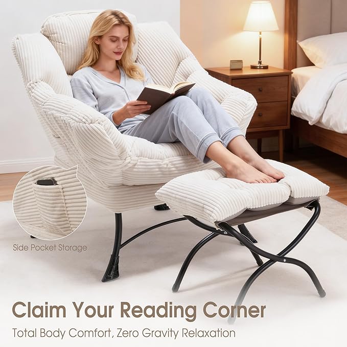 Lazy Chair with Ottoman Comfy Lounge Chair for Reading Relaxing and Napping Perfect for Living Room Bedroom or Office White