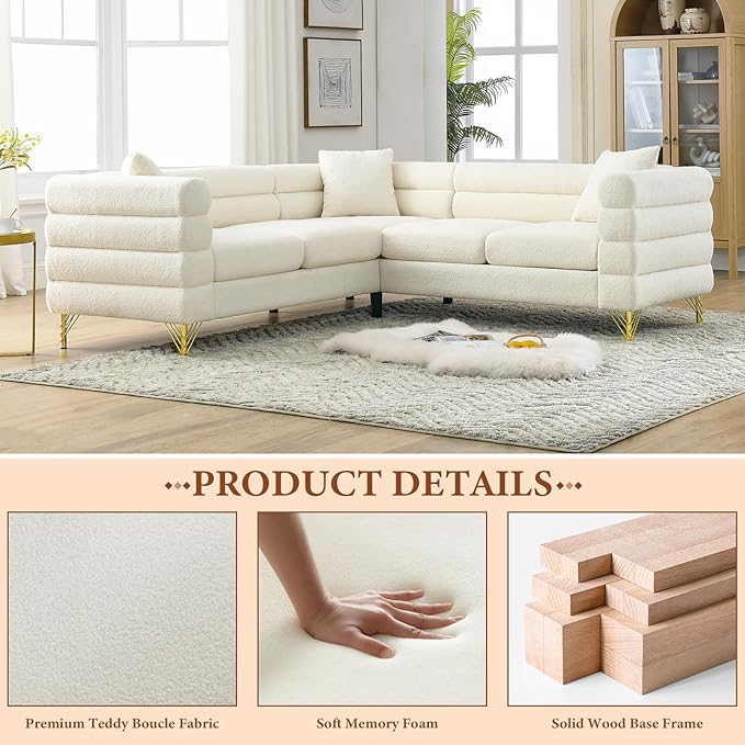 L-Shaped Sectional Couch 81.5 Oversized Corner Sofa Teddy Boucle Comfy Cloud Modern Upholstered Deep Seat Set with Stylish Metal Legs for Living Room Home OfficeApartment White