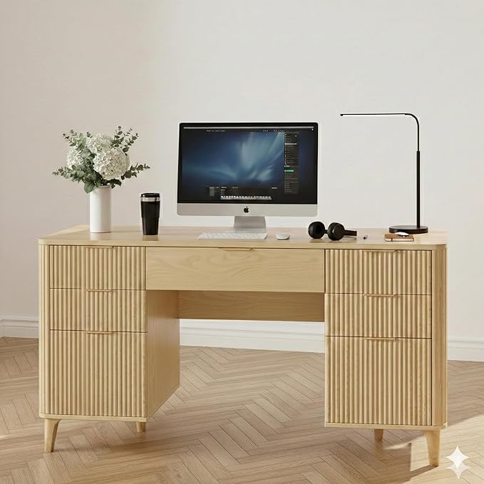 Wooden Desk with Drawers 55 Fluted Executive Desk with Storage Cabinet Wood Home Office Desk with File Cabinet Modern Computer Writing Desk for Study Living Room Bedroom
