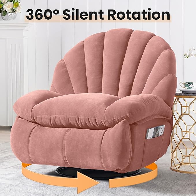 Swivel Rocker Recliner Chair – Shell Shape Manual Big Tall Single 360° Swivel Reclining Sofa with Storage Pockets | Small Space-Friendly for Living Room/Bedroom (NO Massage &amp Heat Pink)