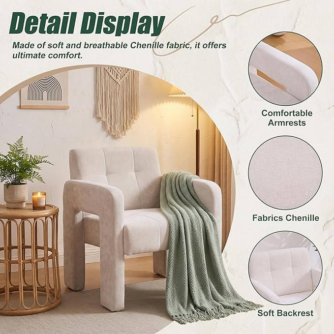Arletta Modern Minimalist Armchair Beige Chenille Upholstered Single Chair Nordic Style Living Room Seating with Padded Arms 500 LBS Load Capacity 26.57x27.17x29.33 Inches