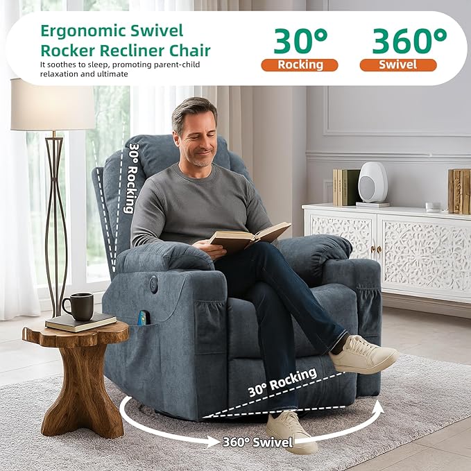 VIVIJASON Manual Massage Rocker Recliner Chair 360° Swivel Glider Lounge Chair with Heat Ergonomic Home Theater Recliner Sofa with 2 Cup Holders Side Pockets &amp USB Ports for Living Room Bluish