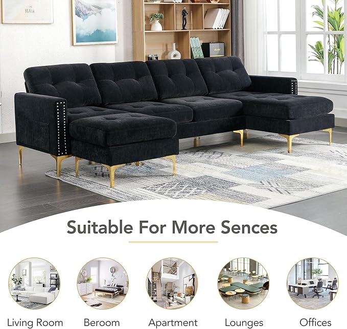 Polibi Luxury Velvet Convertible L-Shaped Sectional Sofa with Movable Ottoman 5-Seater Modern Couch with Storage Pockets for Living Room Apartment &amp Office (Black)