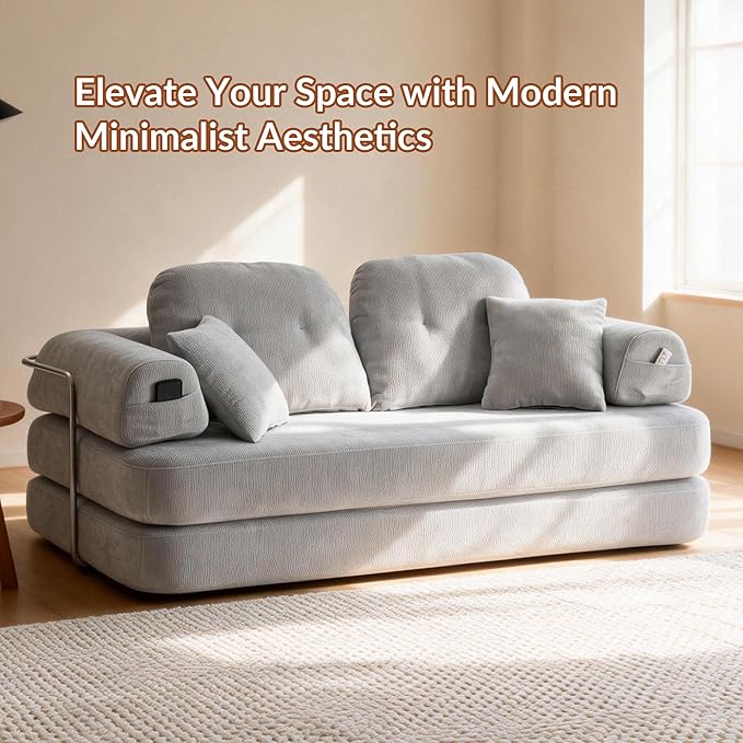 Floor Sofa Modern Chenille Modular Couch with Large Ergonomic Backrest Non-Slip Sleeper for Small Apartment &amp Compact Space No Assembly Required (Pebble Gray 82'')