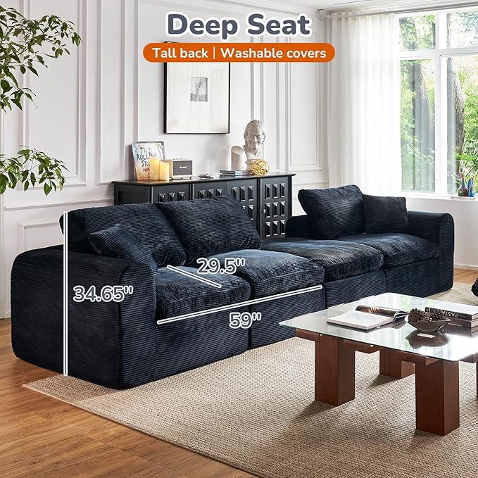 108 Cloud Sectional Couches for Living Room Convertible L-Shape Boneless Couch with Ottoman 3 Seater Modular Cloud Sofa with Deep Seat (Black 3 Seater + 1 Ottoman)