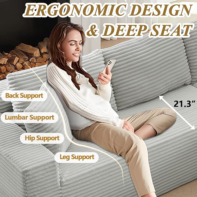 104 Cloud L Shape Couch with Chaise Modular Sectional Couches with Deep Seat Corduroy Sofas for Living Room Boneless Memory Foam Couch No Assembly (Light Grey Right Facing Chaise)
