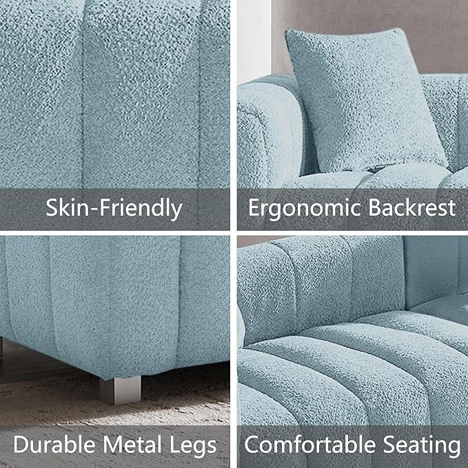 87.4'' Modern 3-Seater Sofa Bubble Couch for Living Room Premium Teddy Velvet Deep Seat Sofa Couch Fluffy Loveseat Sofa with 6 Metal Base Legs for BedroomHome/Office (Blue)