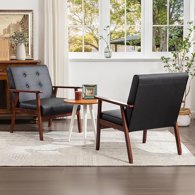 STHOUYN Black Leather Accent Chair for Office Waiting Room Lobby Chair with Wooden Arms Mid Century Modern Small Armchair Living Room Sofa Set (Black)