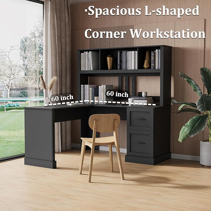 JOYSOURCE Executive L Shaped Desk Home Office Desk with File Drawer &amp Open Storage Shelves Computer Corner Desk with Hutch and Drawer Workstation for Office Home Black