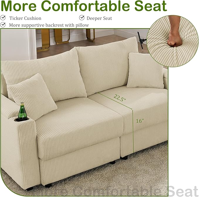 42 W Comfy Living Room Chair with Storage Armrest Corduroy Accent Chair with Two Cup Holders Oversized Reading Chair with A Phone Holder Rack for Living Room (Beige)