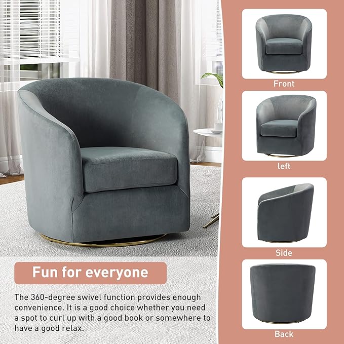 HULALA HOME Swivel Accent Chair with Gold Metal Base Set of 2 Contemporary Velvet Curved Swivel Barrel Chair Upholstered Club Armchair Leisure Single Sofa for Living Room Nursery Bedroom(Grey)