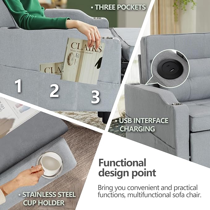4-in-1 Convertible Sleeper Chair Bed Couch Bed with 5-Level Adjustable Backrest Futon Sofa Bed with USB Port&amp Cup Holder Multi-Functional Chaise Lounge Chair Sleeper Sofas for Living Room