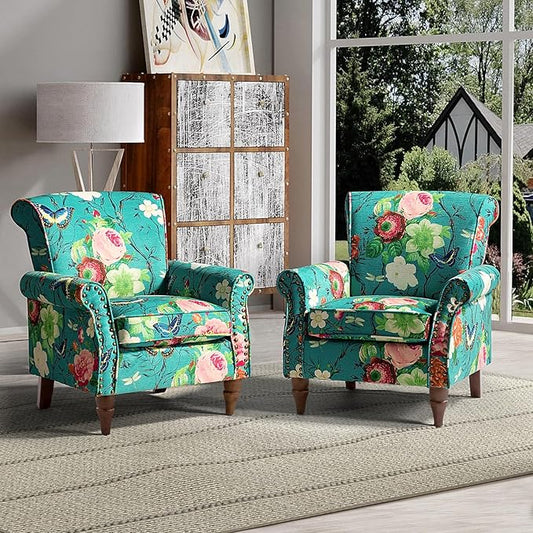 HULALA HOME Modern Wingback Accent Chairs Set of 2 with Wood Legs &amp Removable Cushion Comfy Upholstered Armchairs with Nailhead Trim Floral Pattern Single Sofa Chairs for Living Room Bedroom Bl