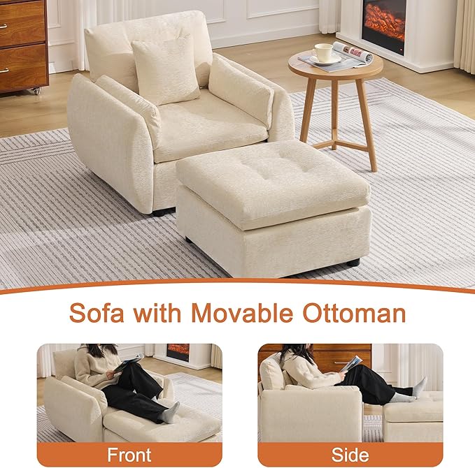 30 Modular Cloud Accent Chair with Ottoman Deep Seat Tufted Chenille Sofa Chair with Curved Arms Upholstered Reading Chairs for Living Room Bedroom Beige
