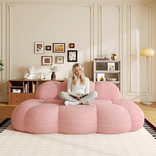 90 Curved Pink Boucle Couch Comfy Cloud Shaped Boneless Couches for Living Room Modern Deep Seat Loveseat Lazy Floor Sofa for Bedroom Apartment Small Space (No Assembly)