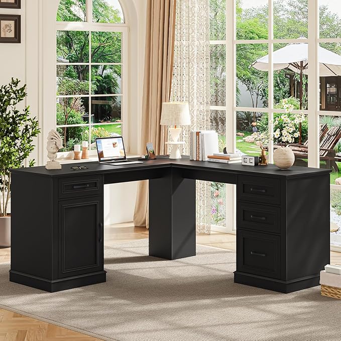 Vabches Farmhouse 59 L-Shaped Executive Desk with Drawers Wood Home Office Corner Desk with Charging Station File Drawer Storage Cabinet Rustic Computer Writing Desk for Home Office(Black