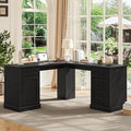 Vabches Farmhouse 59 L-Shaped Executive Desk with Drawers Wood Home Office Corner Desk with Charging Station File Drawer Storage Cabinet Rustic Computer Writing Desk for Home Office(Black