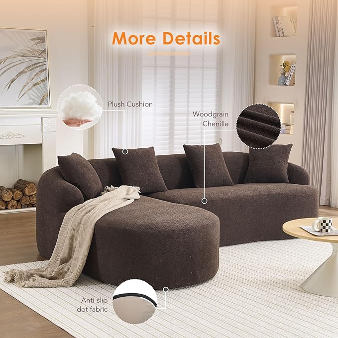 Oversized Sectional Sofa with Chaise with 4 Throw Pillows 99 Modern Luxury Chenille 4-Seater Sofa Extra Wide Seat L-Shape Curved Cloud Couch for Living Room Antique Brown