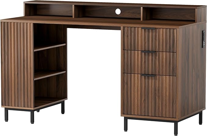 Brown Fluted Executive Desk with Storage Shelf &amp File Drawer 55 Modern Wood Office Desk with Monitor Stand &amp Charging Station Home Writing Computer Table for Work Study