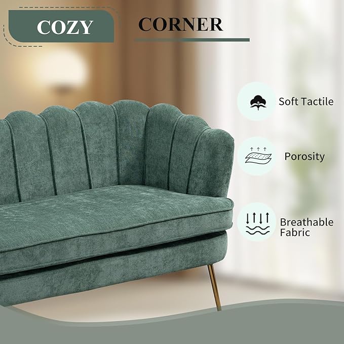 59 Wide Loveseat Sofa Chenille Upholstered Small Couch with Petal-Shaped Design Modern Leisure Sofa with Gold Metal Legs Mini Room Couch for Bedroom Apartment (Green-Chenille)