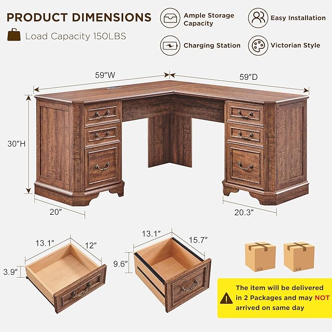 T4TREAM L Shaped Desk with Drawers59 Farmhouse Wood Home Office Executive DeskCharging StationFile Drawer Storage CabinetComputer Desk for Work and Study (Reclaimed Barnwood)