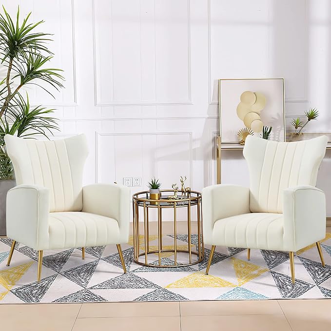 Generic Modern Velvet Accent Chair with Arms Wingback Reading Chair with Gold Metal Legs Comfy Upholstered Single Leisure Sofa for Living Room Bedroom ClubVelvetWhite