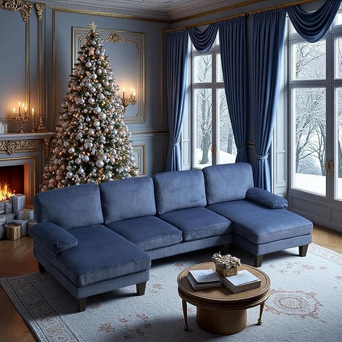 VINGLI 110 Sectional Couches for Living RoomU Shaped Couch with Double Chaise 4-Seat Sofa Set with Corduroy Fabric for Home FurnitureOcean Blue