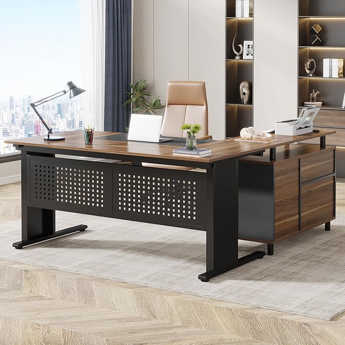 Tribesigns 63 Inch Executive Desk with File Cabinet Large Office Desk L Shaped Computer Desk with Drawers and Storage Shelves Business Furniture Desk Workstation for Home Office Brown and Black